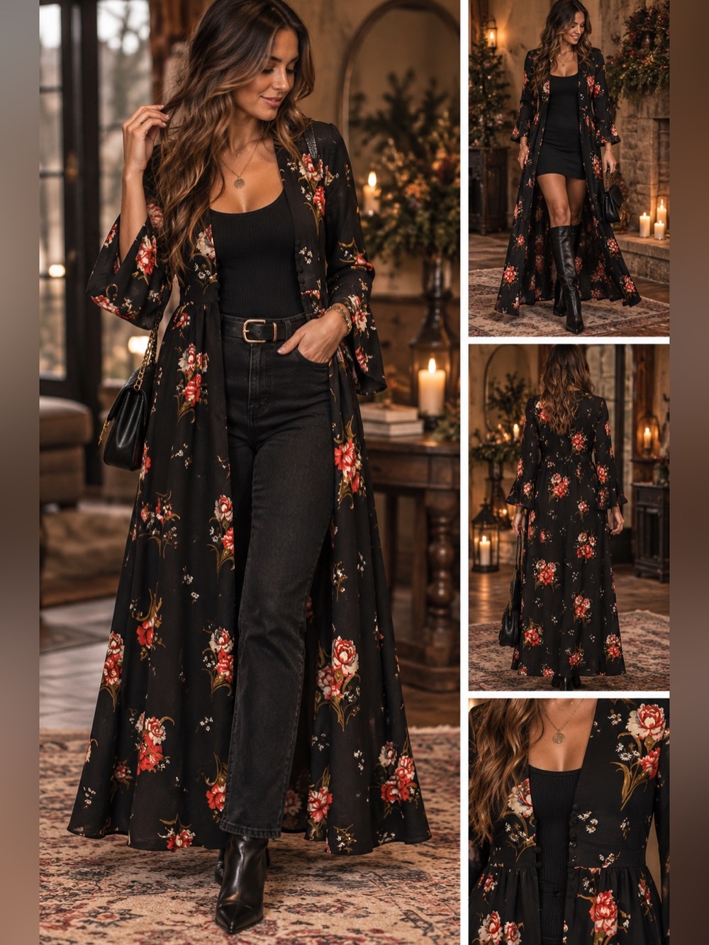 Whimsigoth Moon River Black Floral Maxi Duster Open Front Bell-sleeve Kimono NWT